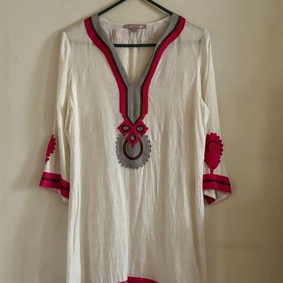 Calypso St. Barth Dresses & Skirts - Calypso St. Barth WHITE Linen w/ Embroidered Design 3/4 Sleeve Tunic Top, Sz M